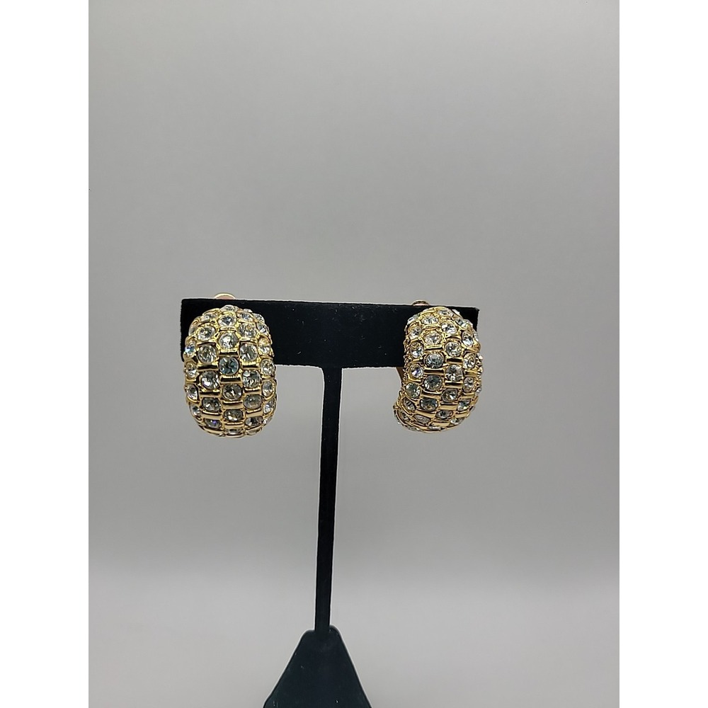 Gold Tone Rhinestone‎ Dome Clip On Earrings Pave Crystal Cluster Vintage Glam